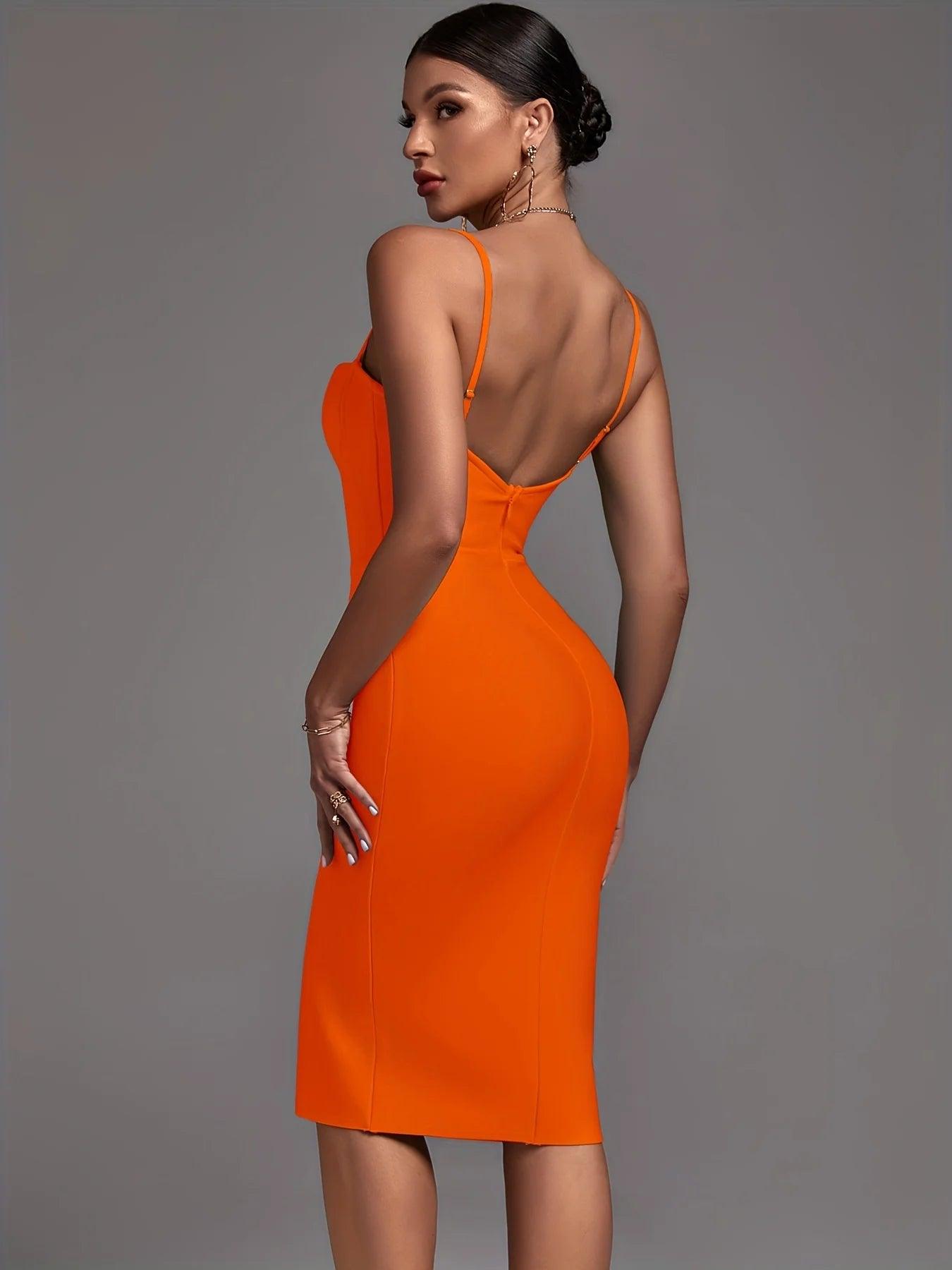Vestido Bandagem Laranja Elegante e Sexy para Noite