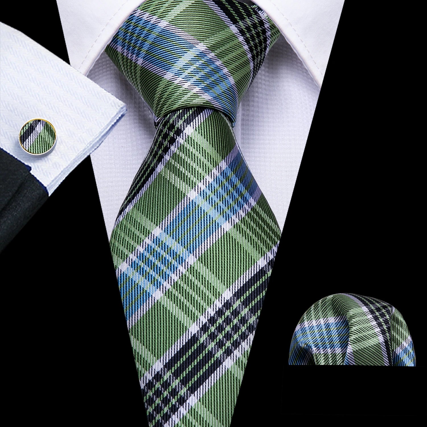 Kit Gravata Masculina Social Verde com Lenço e Abotoaduras