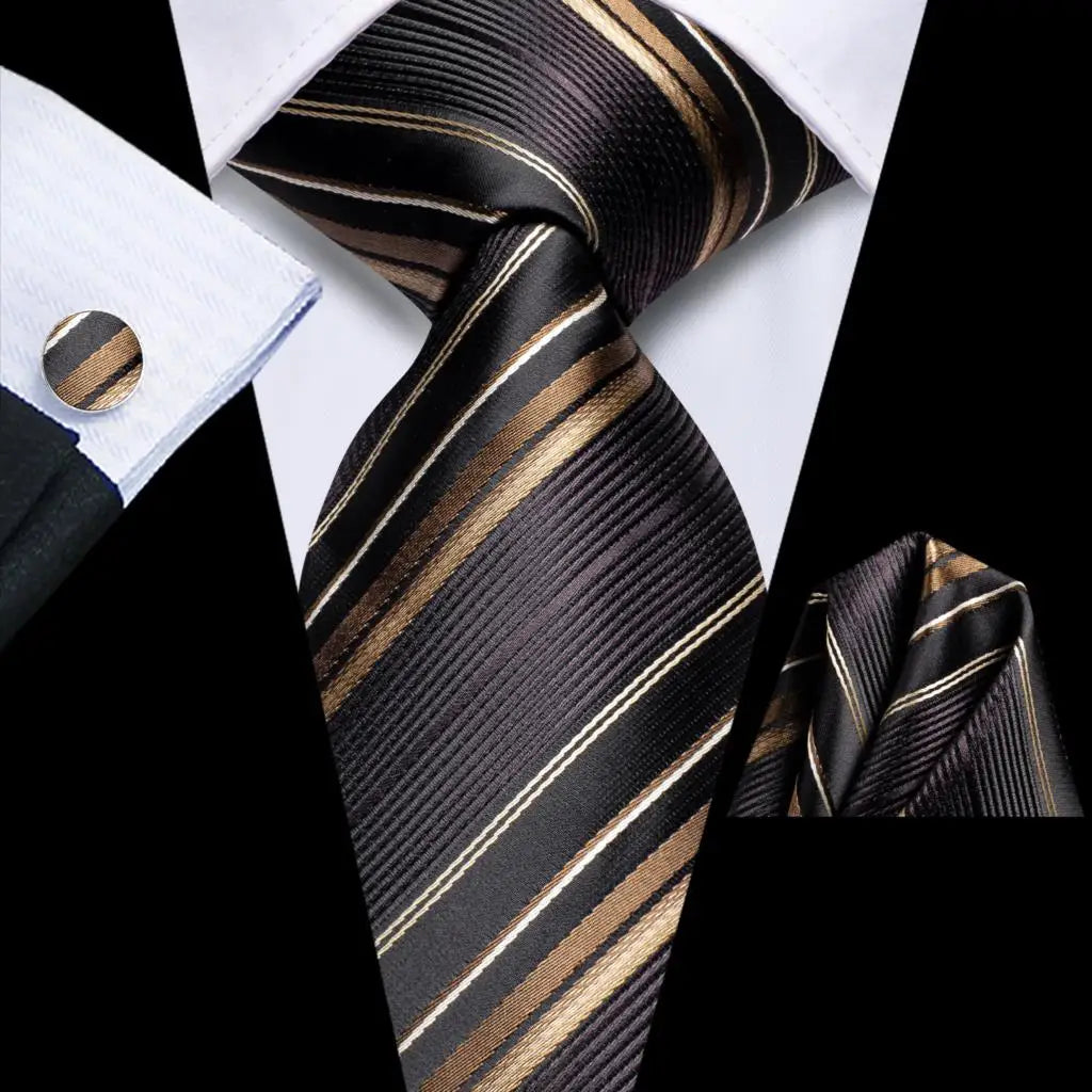 Kit de Gravata Masculina de Seda Jacquard com Lenço e Abotoaduras
