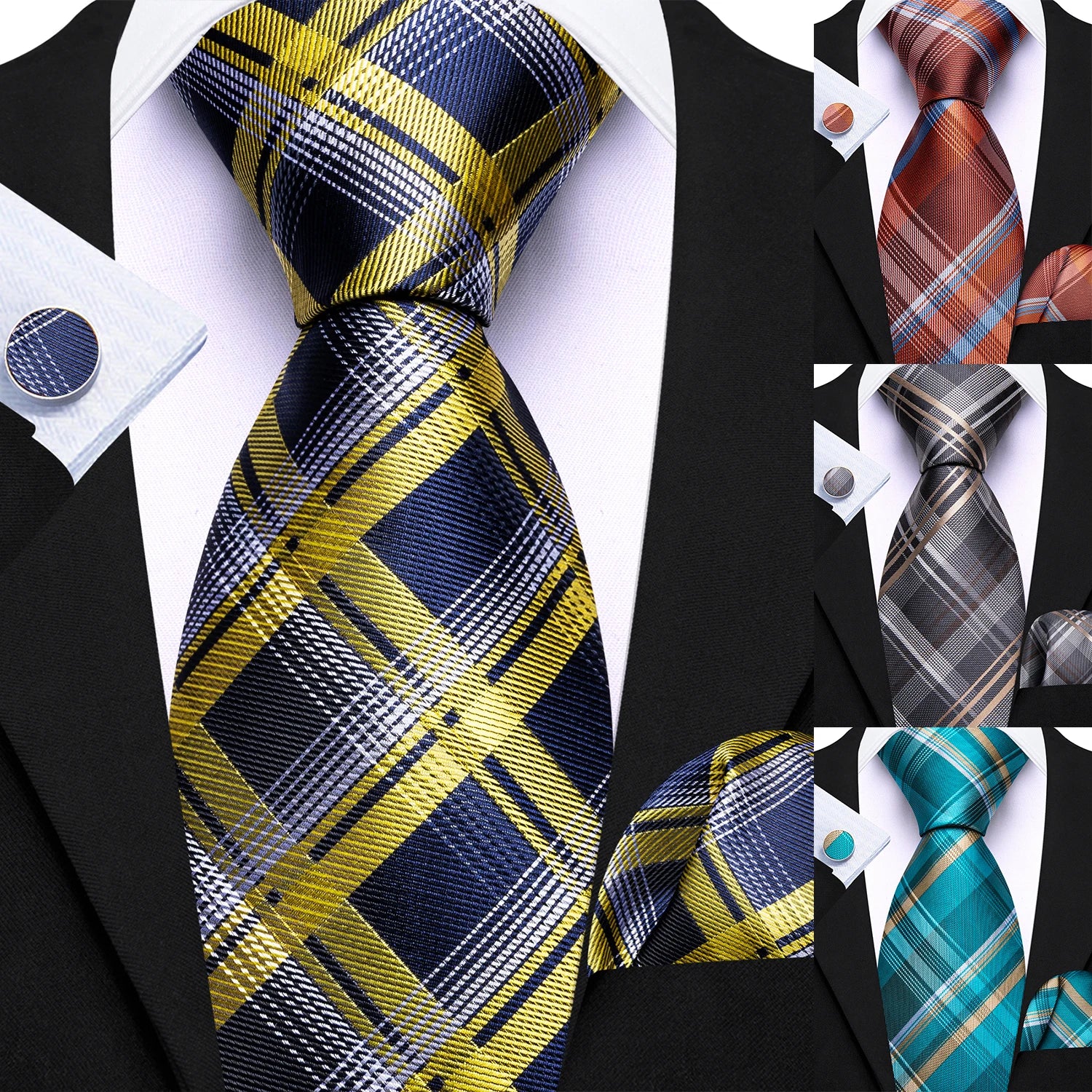Gravata Masculina Xadrez de Poliéster com Lenço de Bolso e Abotoaduras