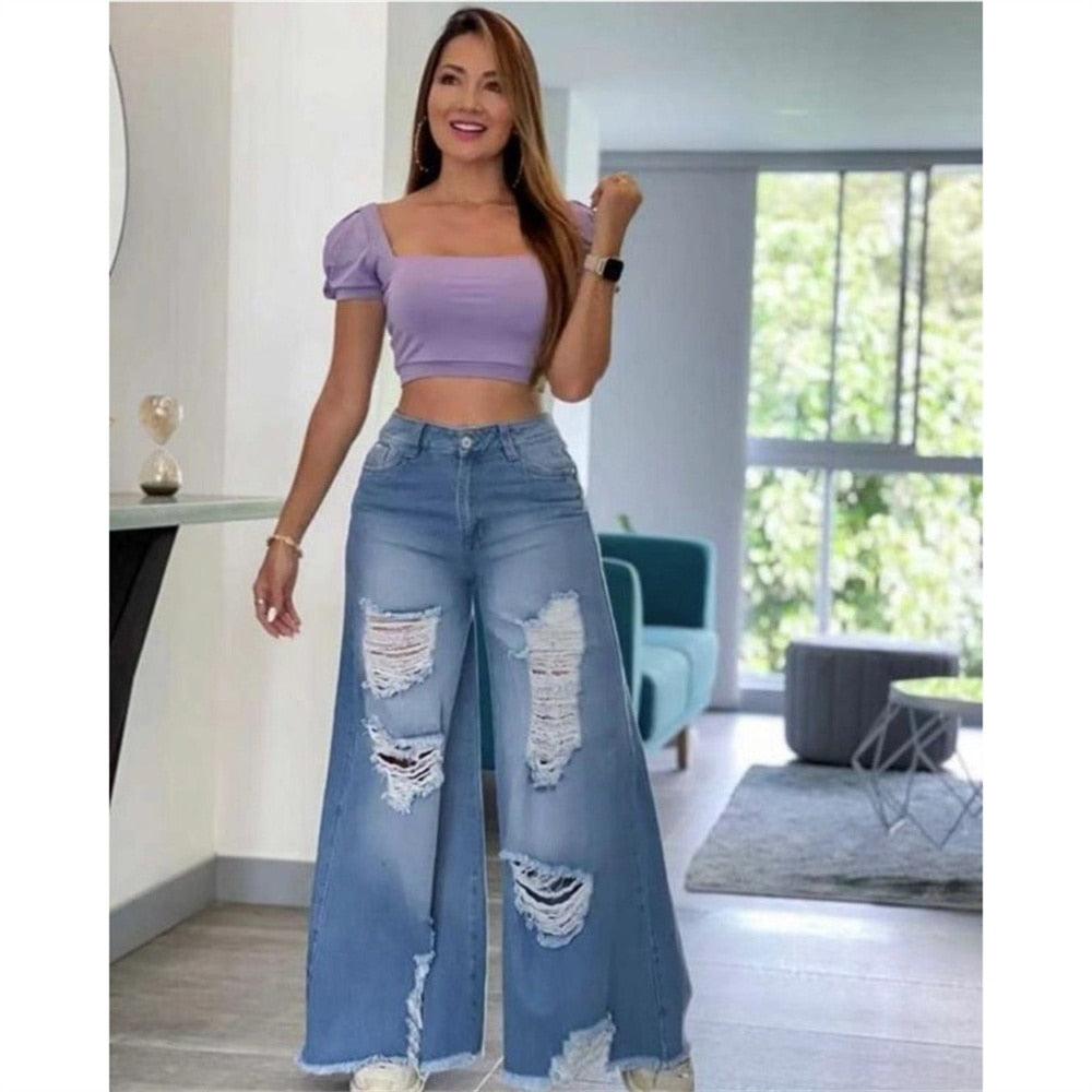 Calça Jeans Rasgado Pantalona Brunas - Loja Bruna Modas