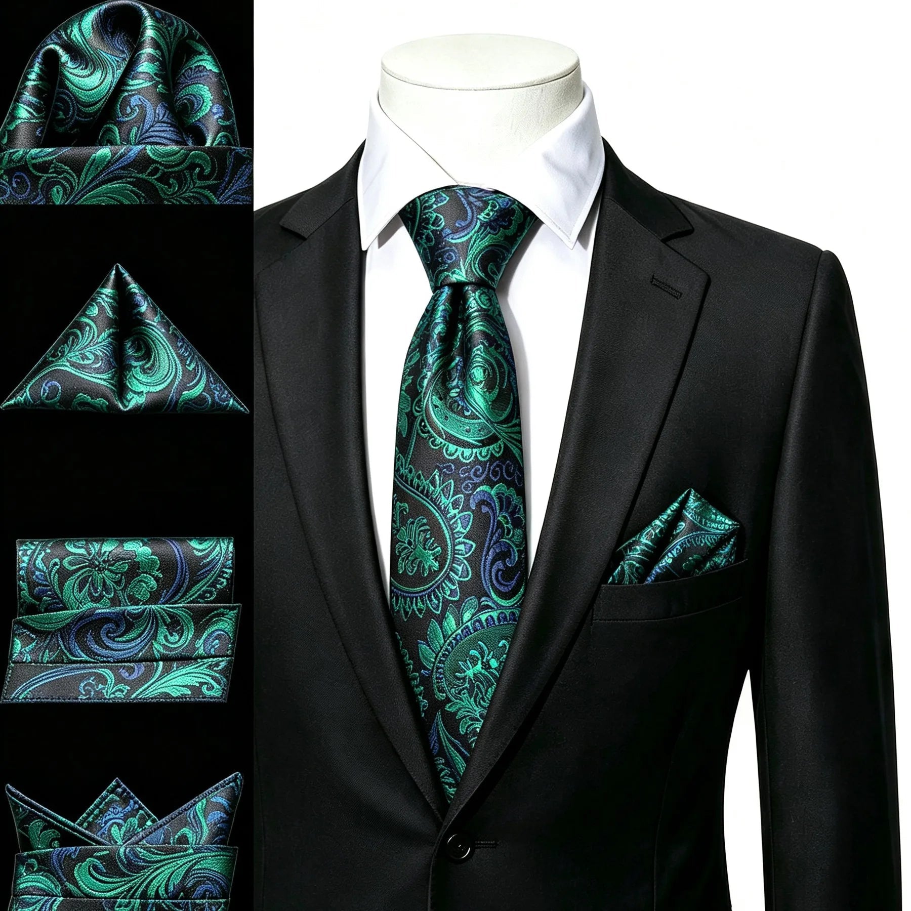 Gravata Masculina Verde Floral com Lenço de Bolso
