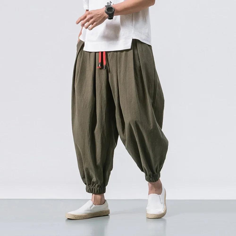 Calça larga larga de harém masculina, moletom jogger de algodão e linho, calça casual masculina, estilo moderno, alta qualidade, nova