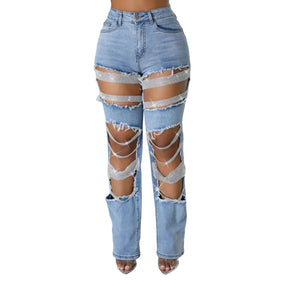 Calça Feminina Jeans Rasgada com Strass