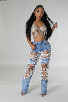 Calça Jeans Feminina Rasgada com Strass