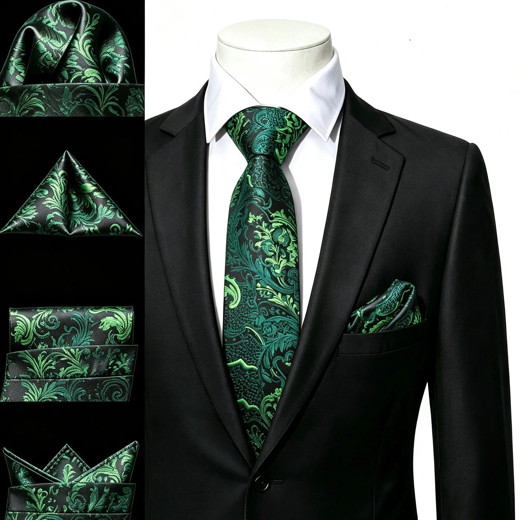 Gravata Masculina Verde Escuro Floral com Lenço de Bolso