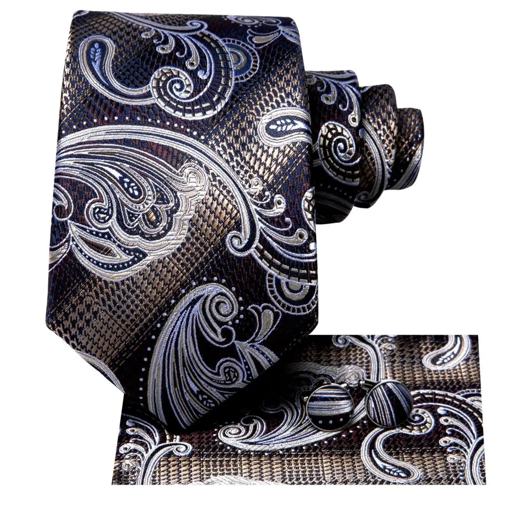 Gravata Masculina de Seda Hi-Tie – Kit Completo com Lenço, Abotoaduras, Prendedor