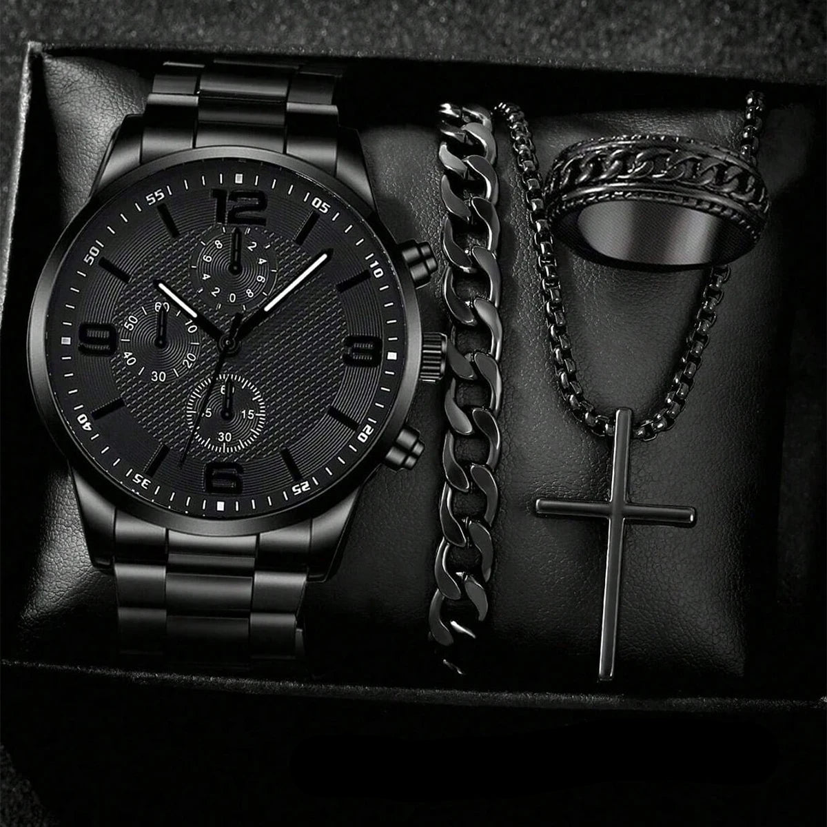 Conjunto de Jóias Masculino com Relógio, Pulseira, Colar e Anel