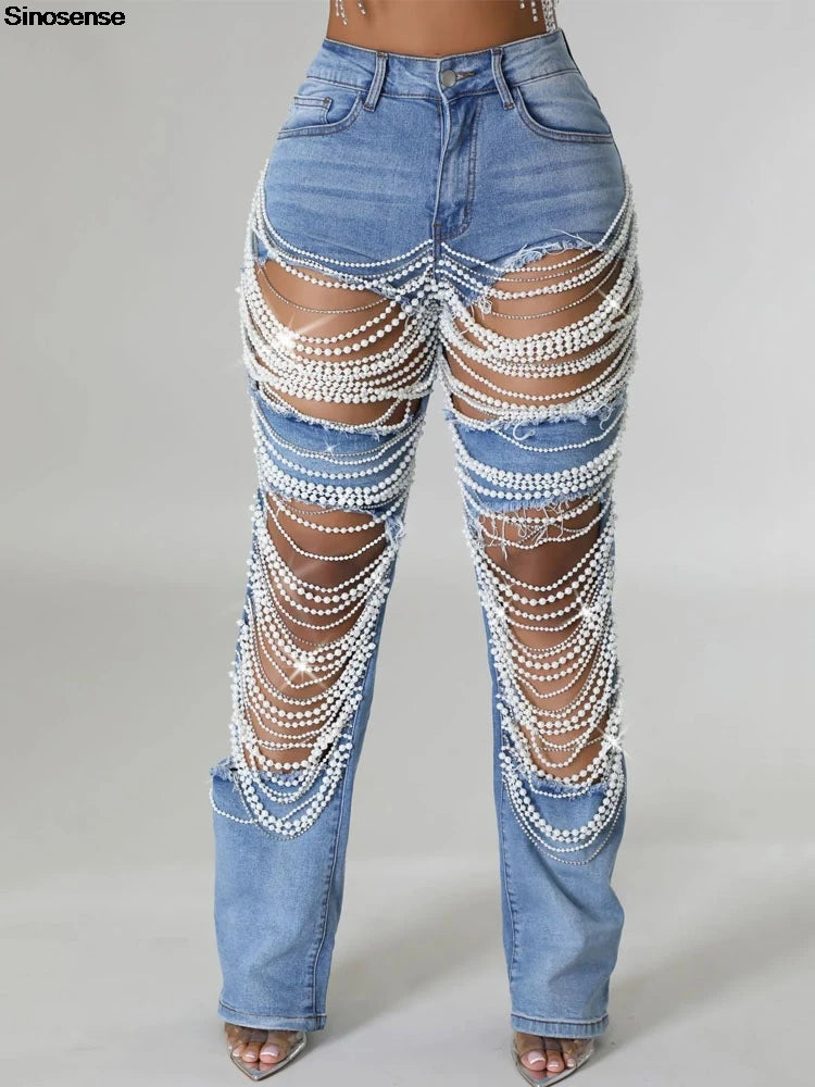 Calça Jeans Feminina Rasgada com Strass