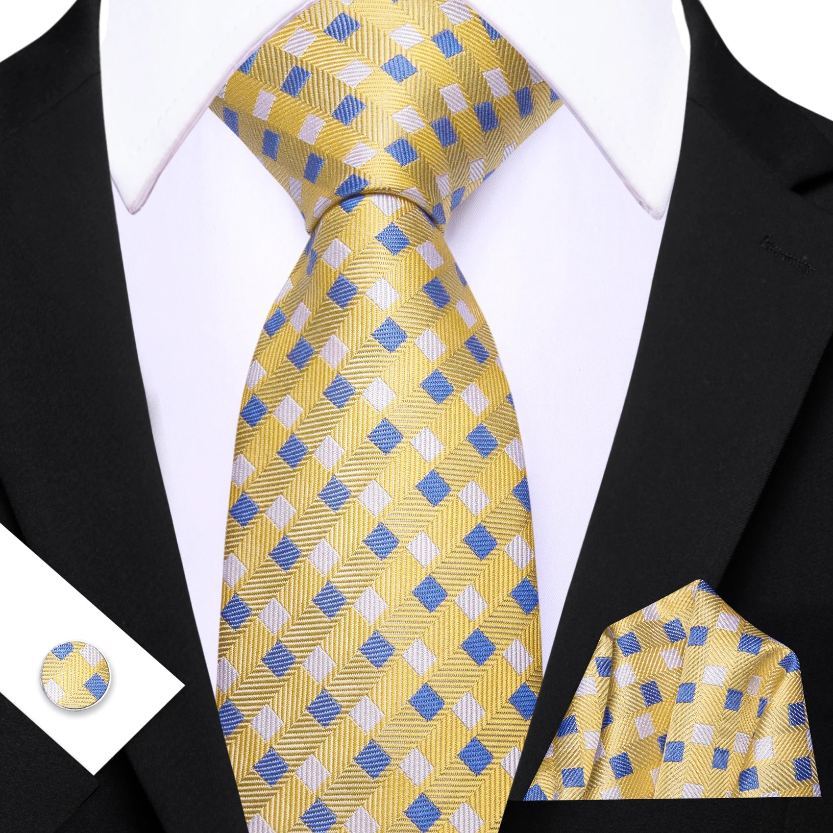 Gravata Masculina Clássica de Poliéster com Lenço de Bolso e Abotoaduras