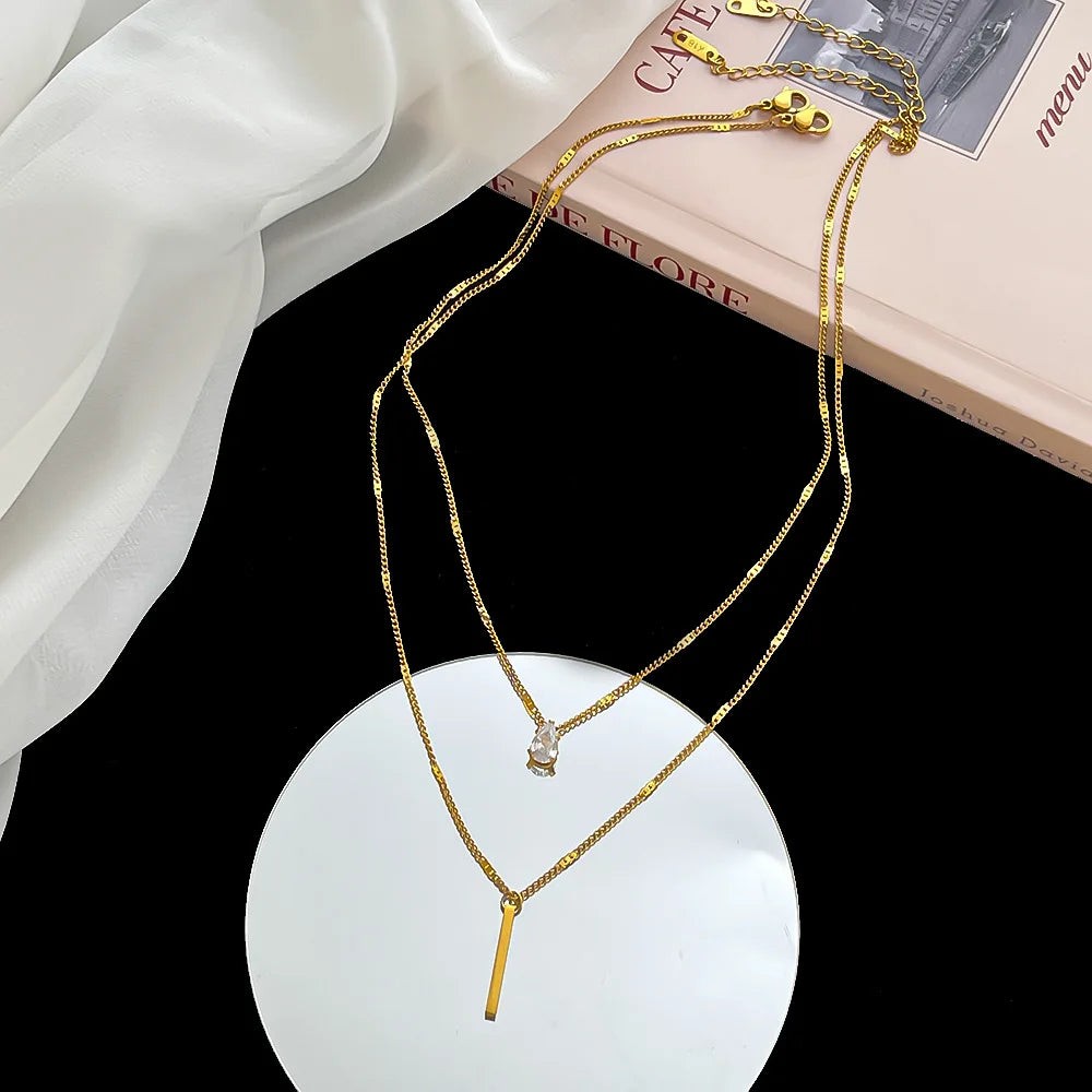 Colar Feminino Duplo Gota em Zircônia