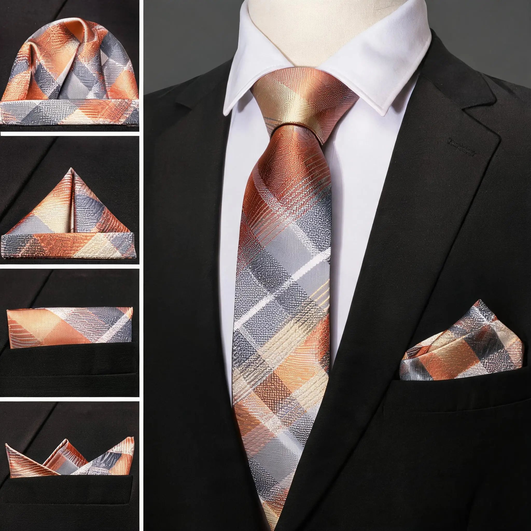 Gravata Masculina Laranja Xadrez com Lenço de Bolso