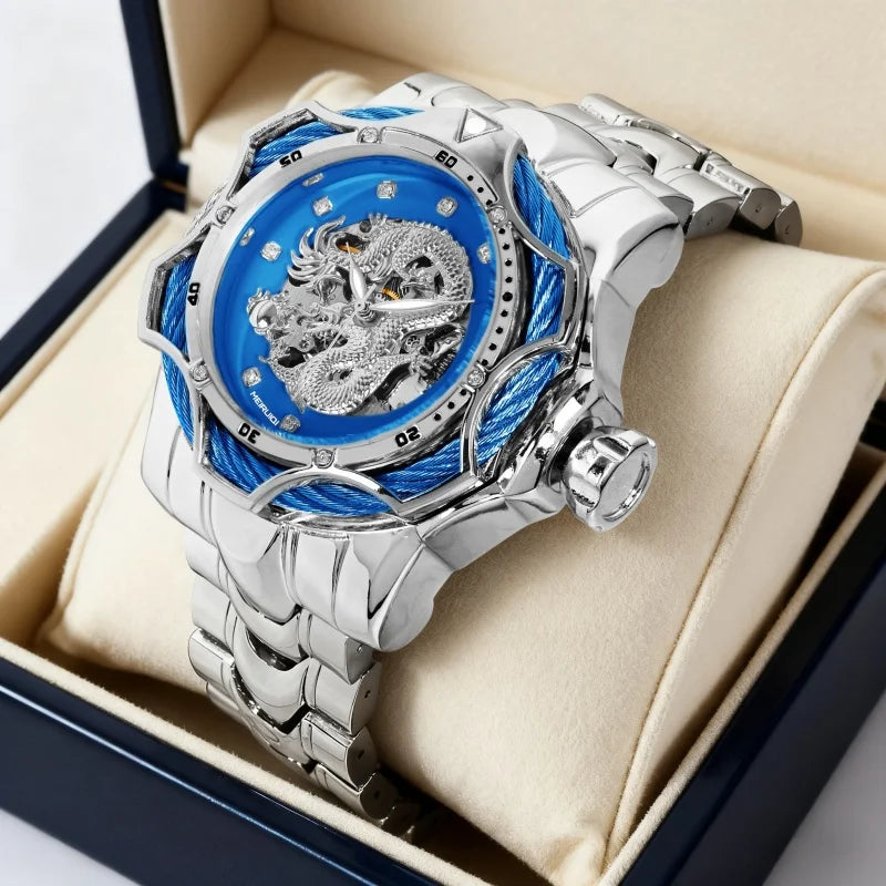 Relógio Masculino Mecânico Prateado e Azul