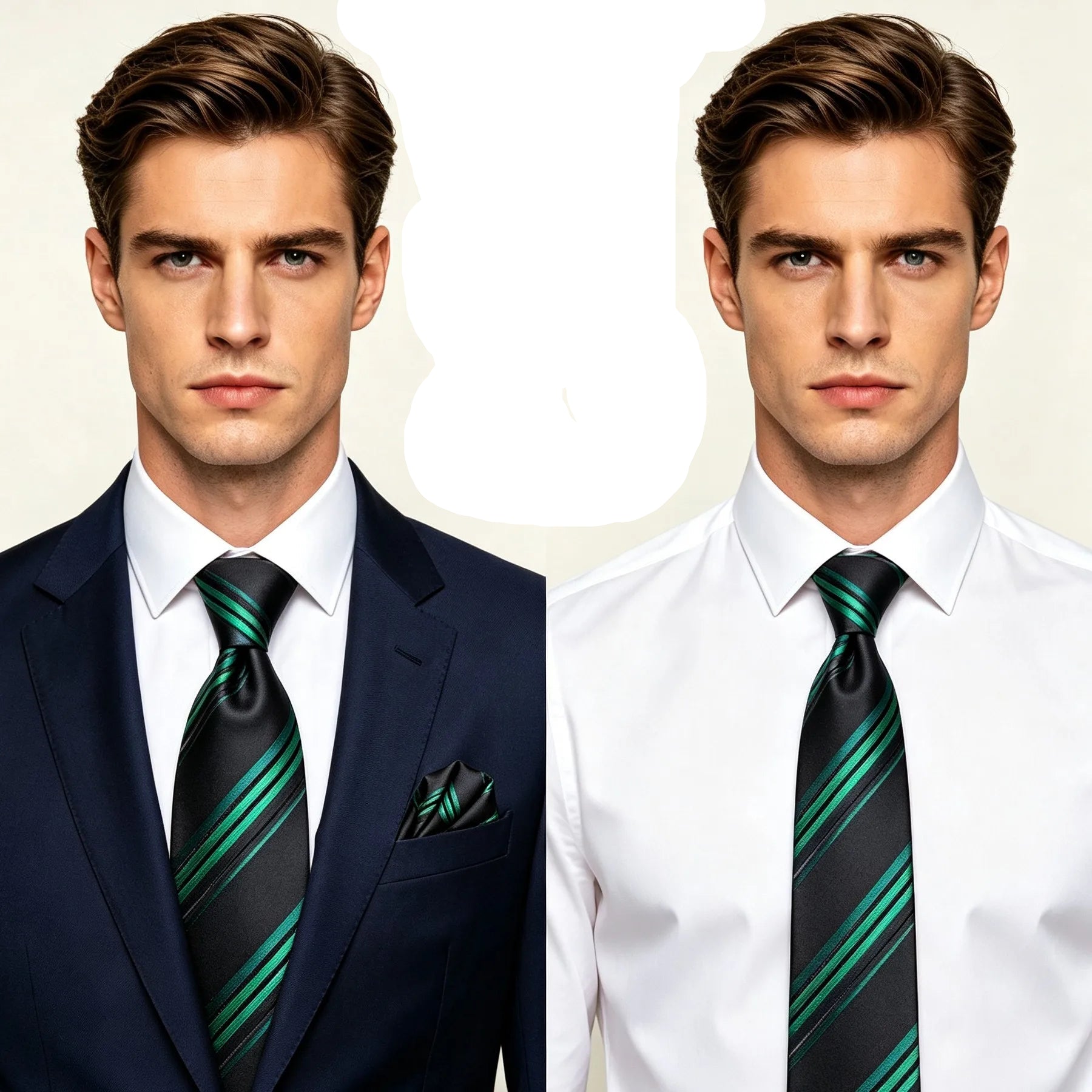 Gravata Masculina de Poliéster Verde e Preto Listrado com Lenço de Bolso
