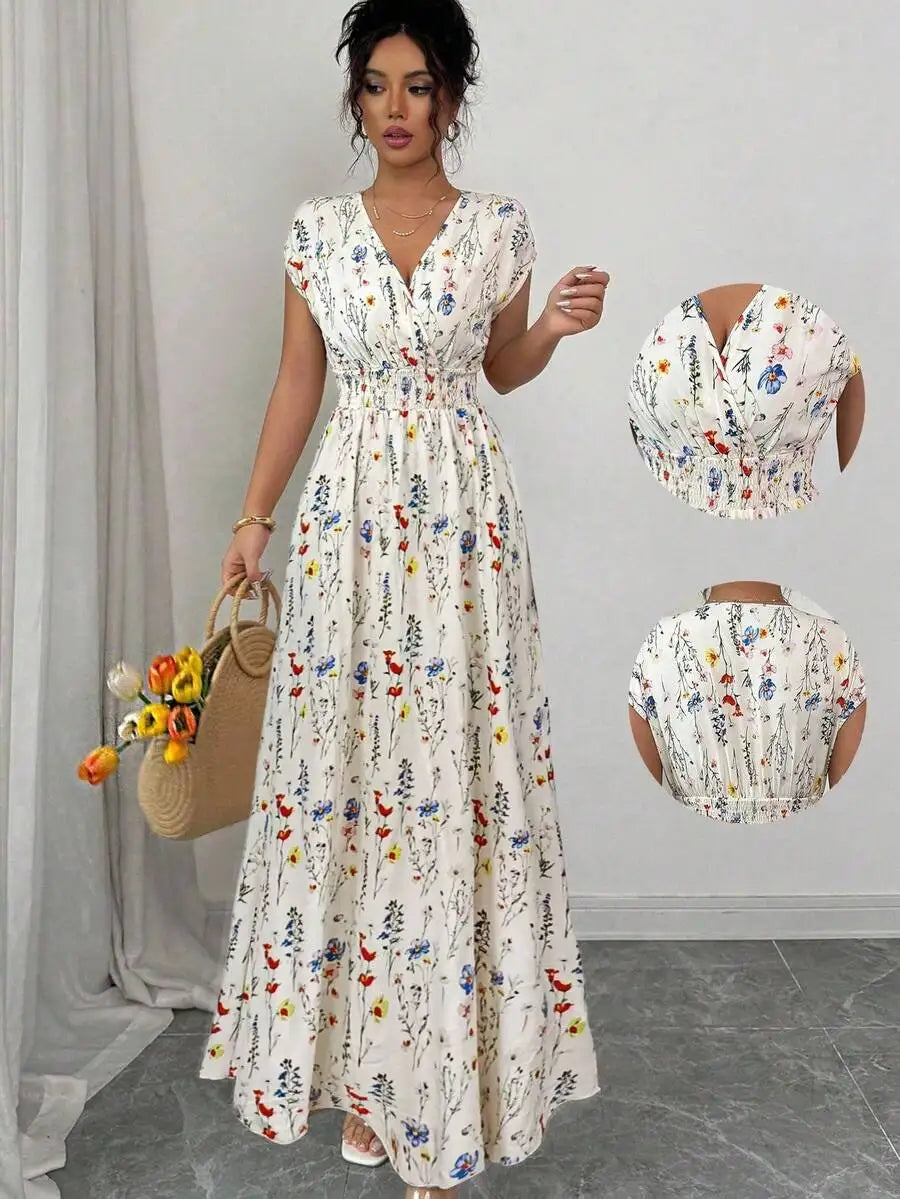 Vestido Longo Feminino com Estampa Floral Decote em V by Loja Bruna Modas