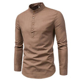 Camisas de manga comprida masculinas de linho de algodão venda quente verão cor sólida gola alta casual estilo praia oversized