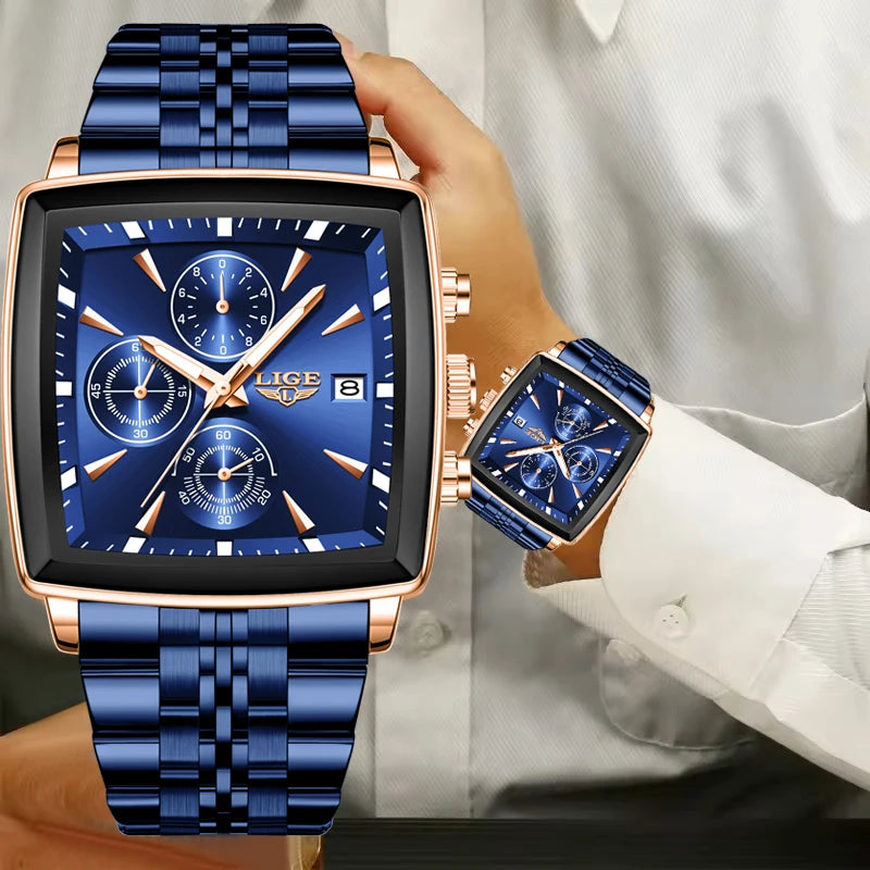 Relógio de Pulso Masculino Quadrado Pulseira de Aço