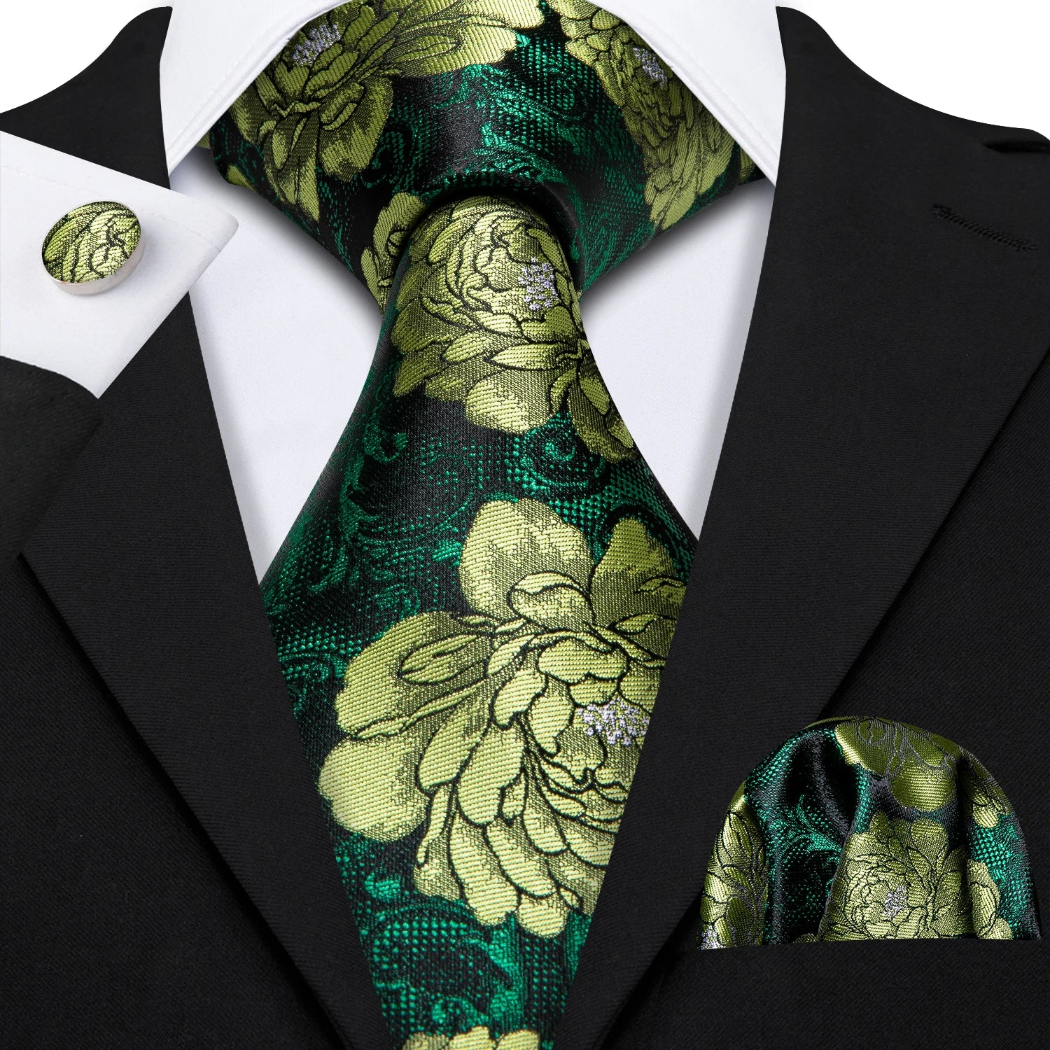 Conjunto Gravata Masculina Poliéster Paisley Floral com Lenço e Abotoaduras