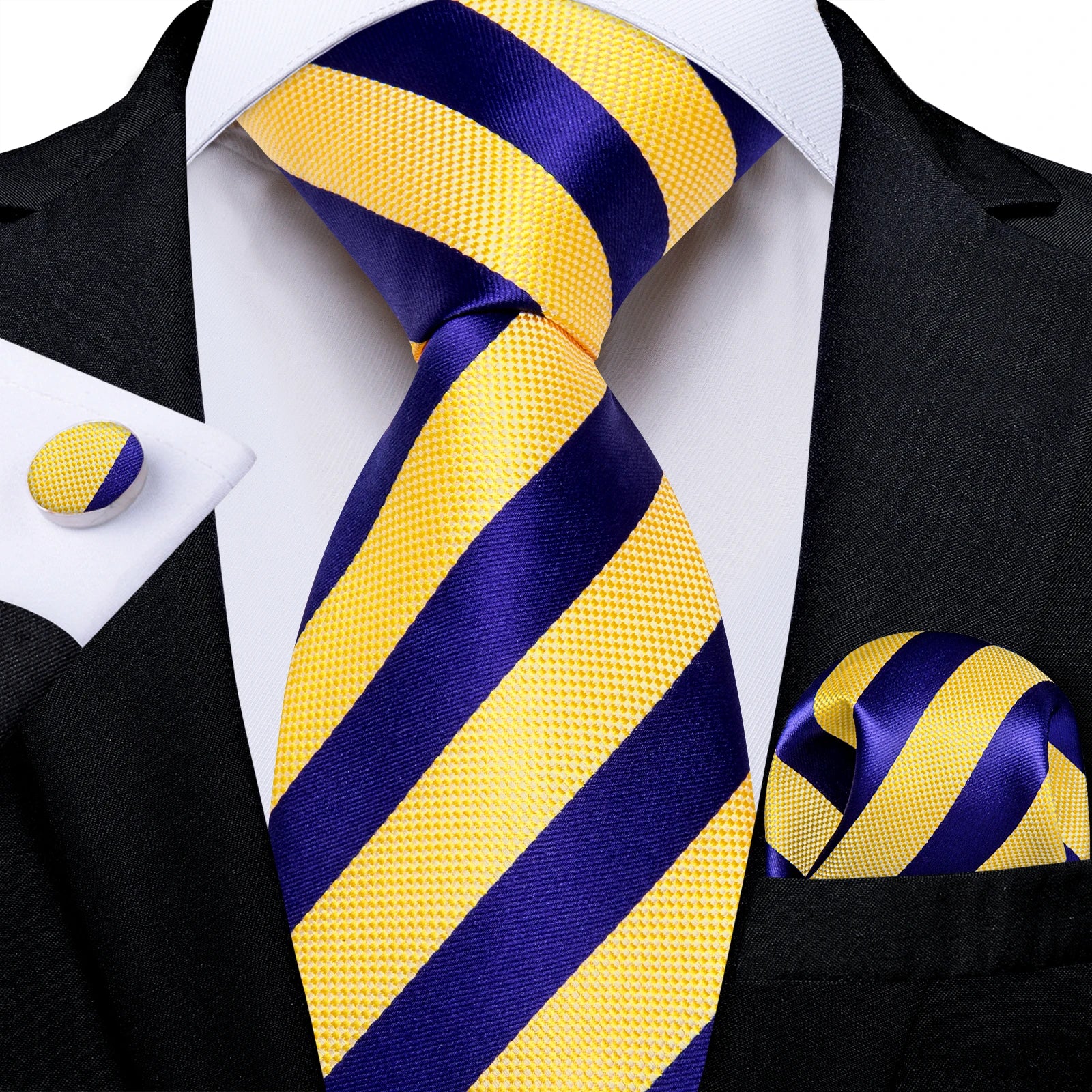 Conjunto Gravata Masculina Listrada Poliéster com Lenço e Abotoaduras