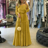 Vestido Longo Boêmio Ombro a Ombro com Pontos Dourados