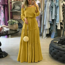 Vestido Longo Boêmio Ombro a Ombro com Pontos Dourados