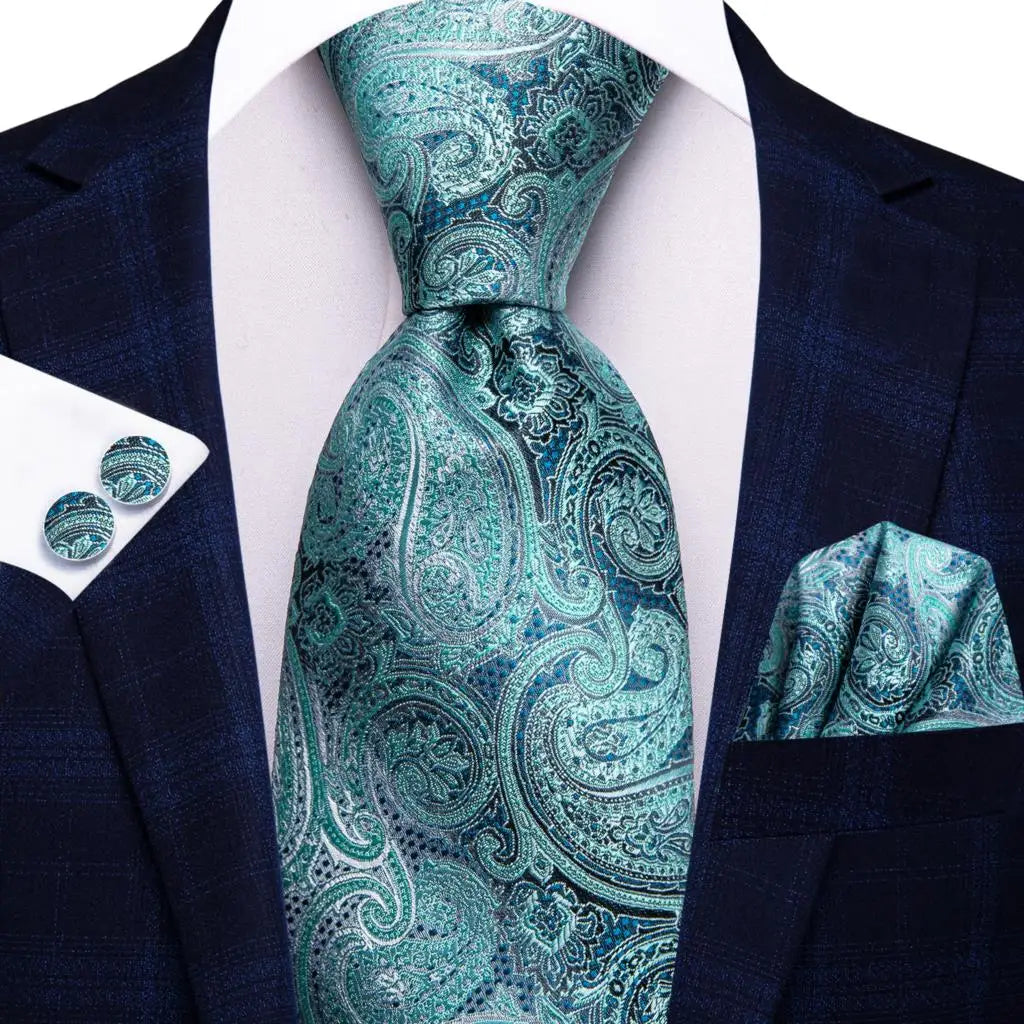 Kit de Gravata Masculina de Seda de Luxo Azul com Lenço e Abotoaduras