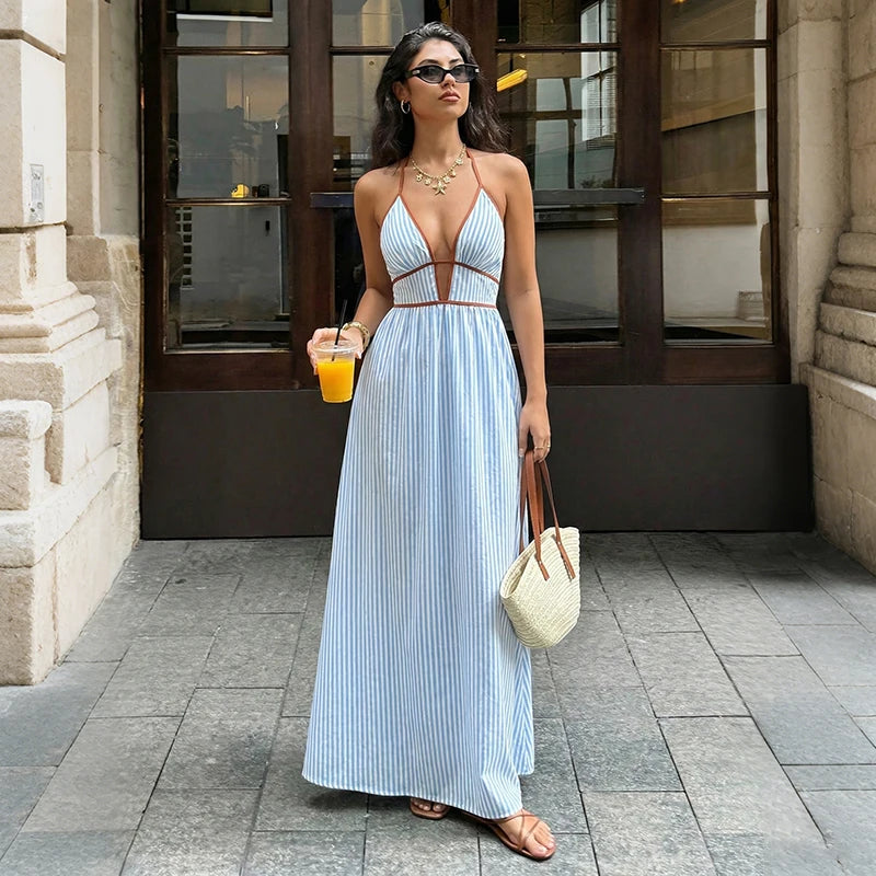 Vestido Longo Feminino Casual Listrado com Decote em V Profundo