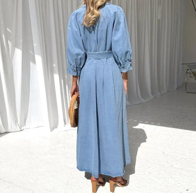 Vestido Feminino Outono/Inverno com Manga Bolha e Cintura Ajustável
