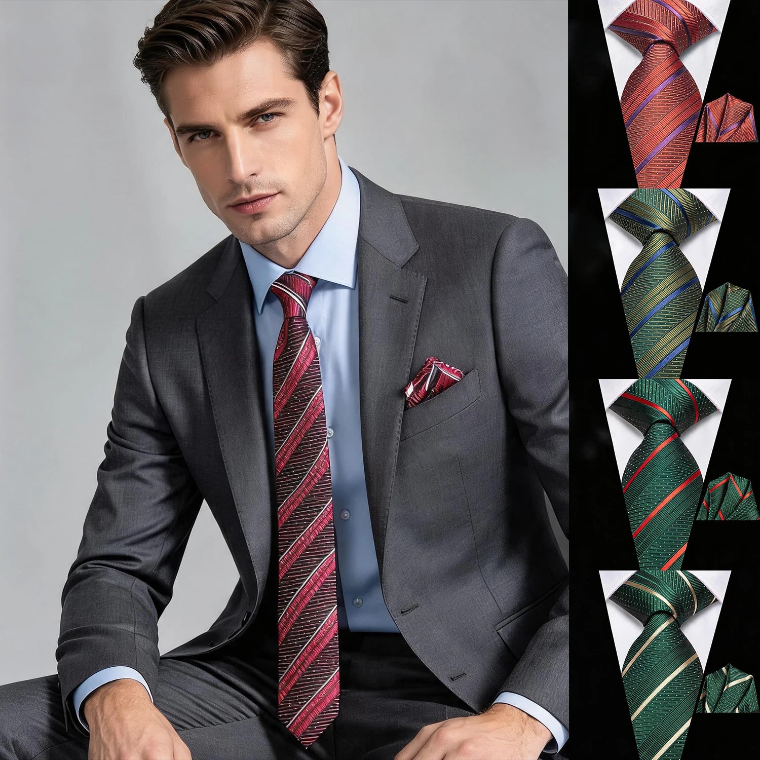 Gravata Masculina Clássica Listrada com Lenço de Bolso