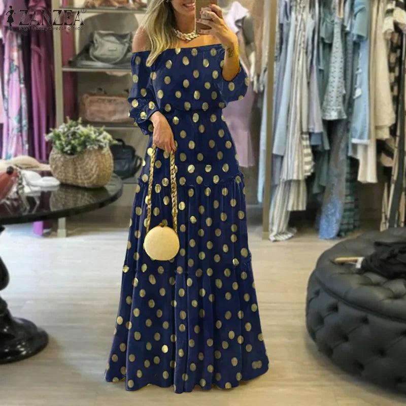 Vestido Longo Boêmio Ombro a Ombro com Pontos Dourados