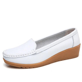 Couro genuíno moda cunha mulheres apartamentos sapatos retro mulher deslizamento em sapato feminino mocassins confortáveis tenis feminino plus size