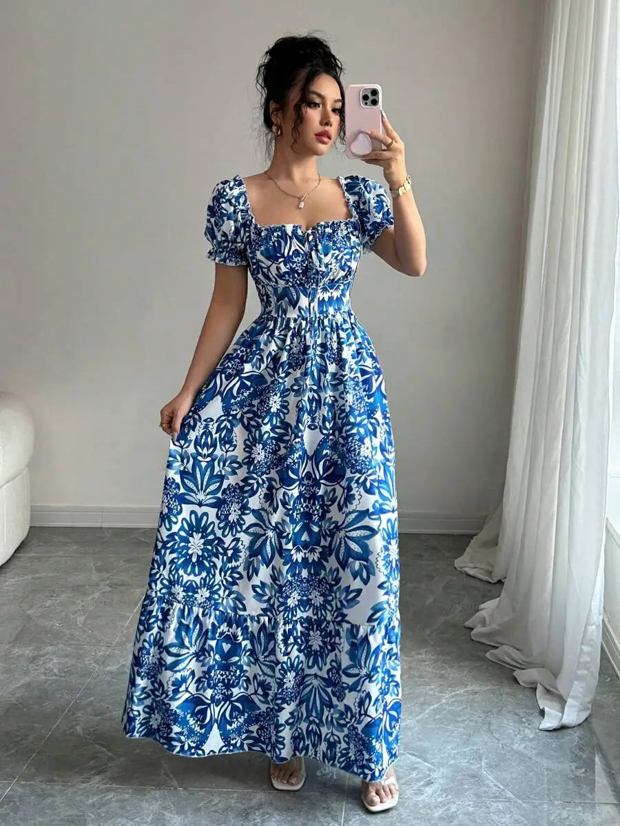 Vestido Longo Estampa Floral Azul Elegante by Loja Bruna Modas