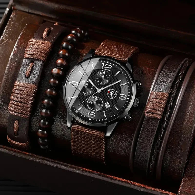 Kit de Presente Masculino 4 Peças com Relógio e Pulseira