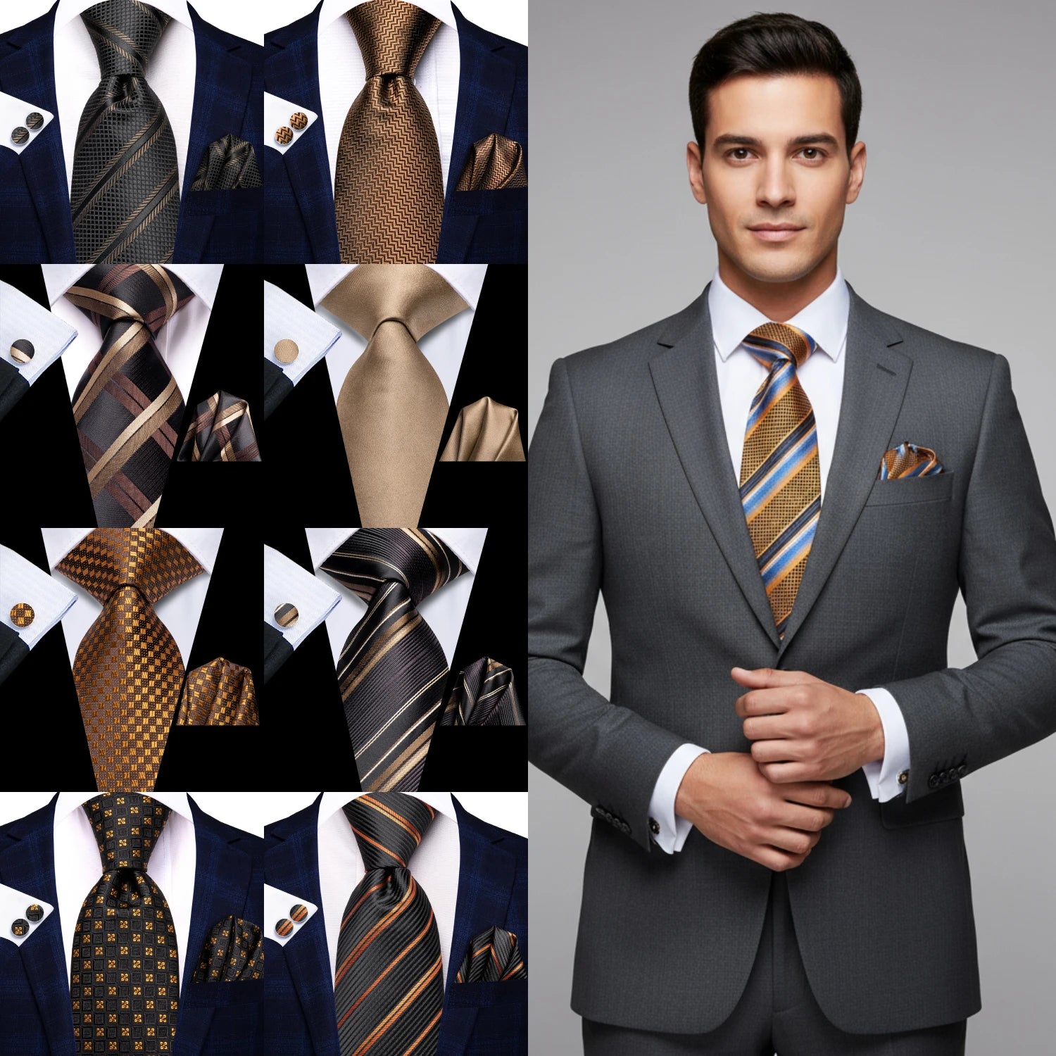 Gravata Masculina de Luxo Marrom e Dourada com Lenço e Abotoaduras