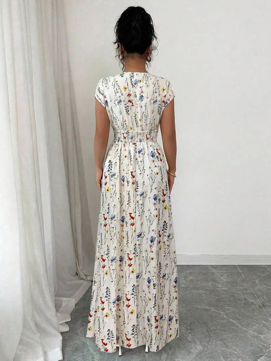 Vestido Longo Feminino com Estampa Floral Decote em V by Loja Bruna Modas