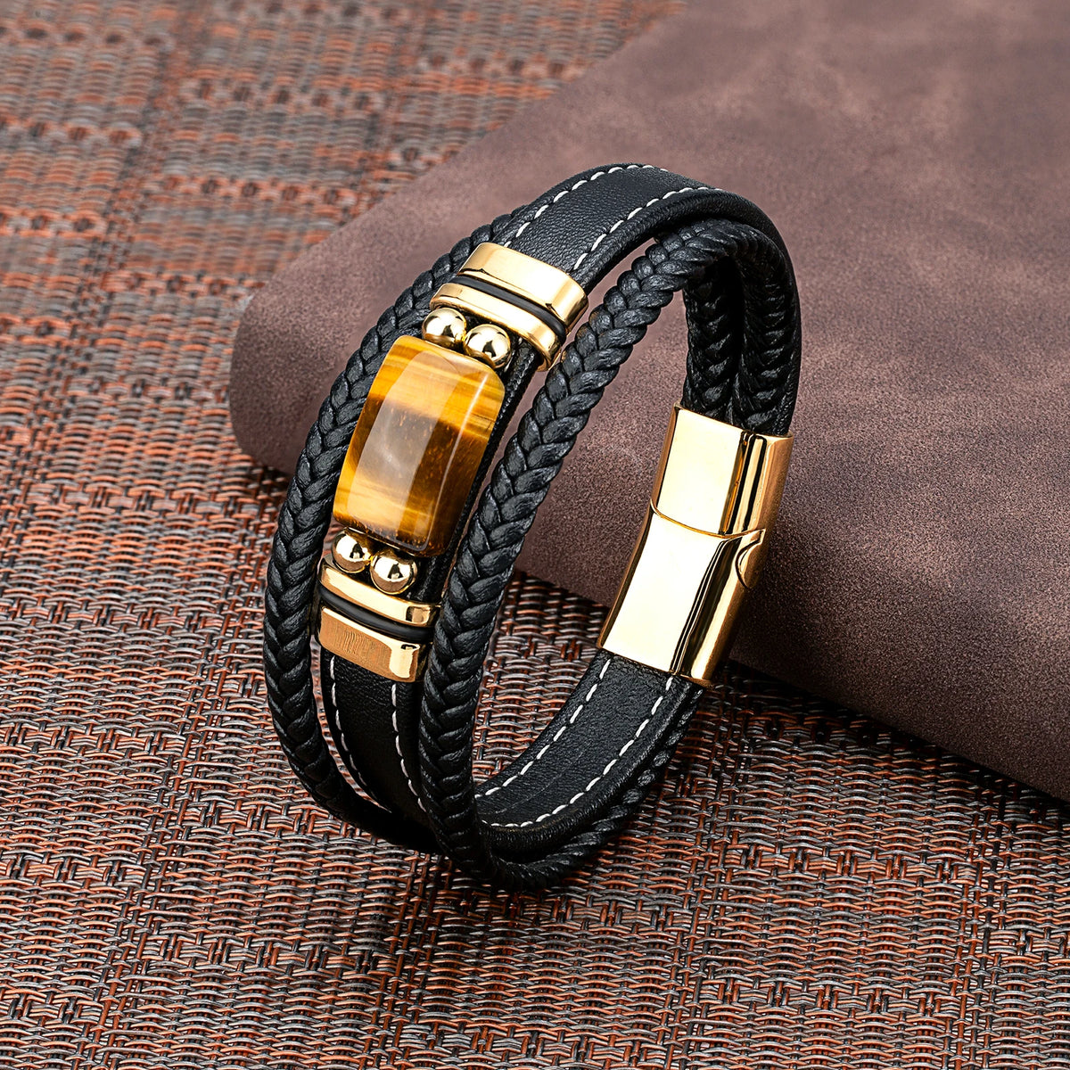 Pulseira Masculina de Couro Olho de Tigre Natural