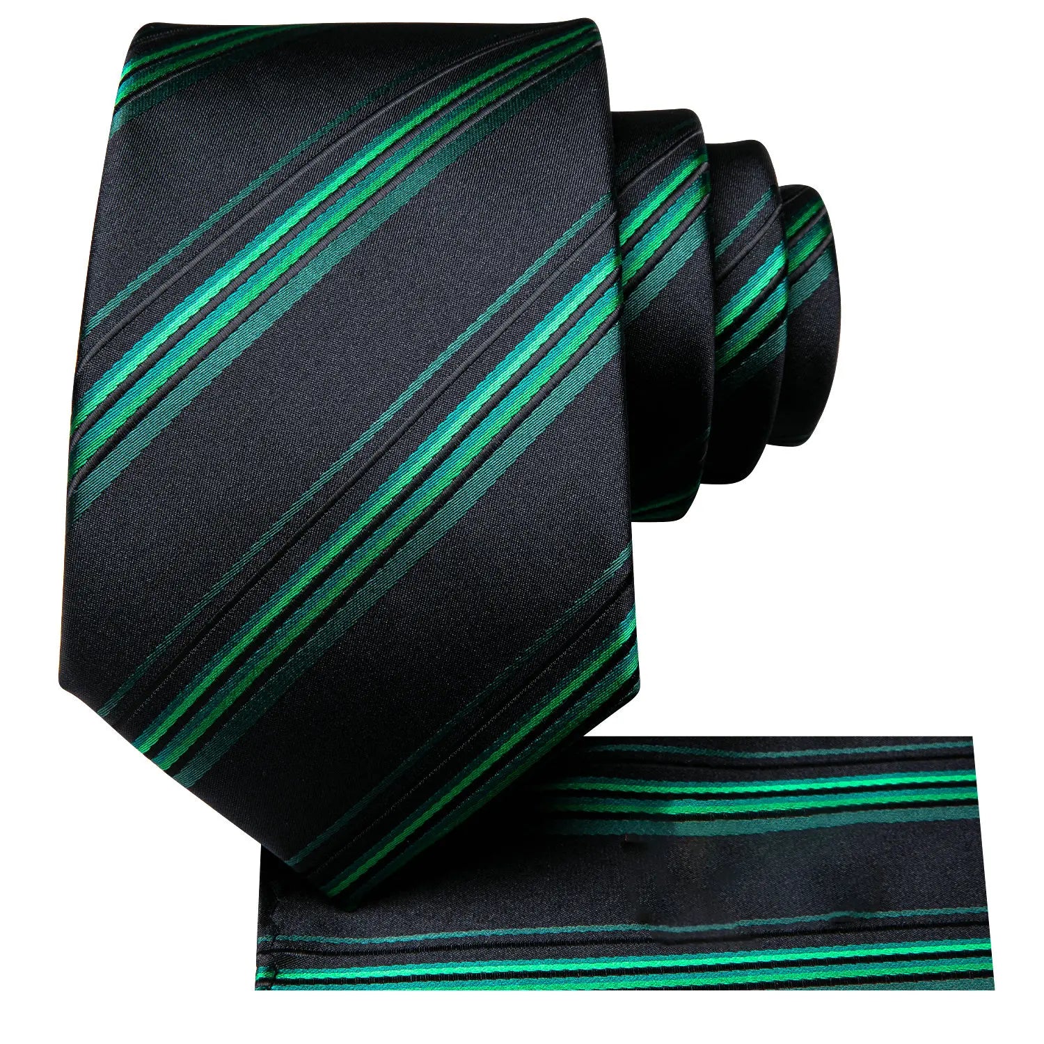 Gravata Masculina de Poliéster Verde e Preto Listrado com Lenço de Bolso