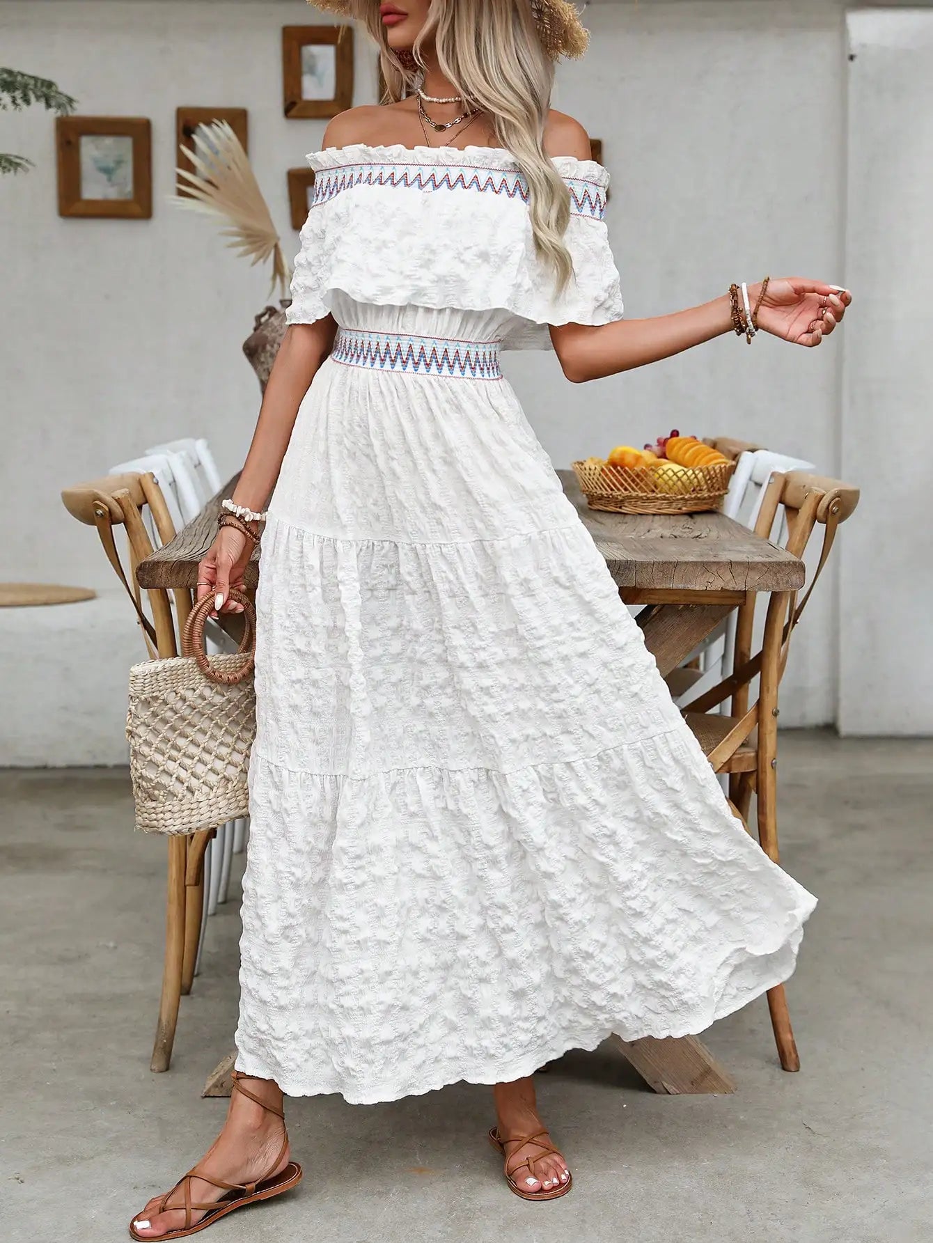 Vestido Longo Feminino Renda Texturizada Ombro á Ombro