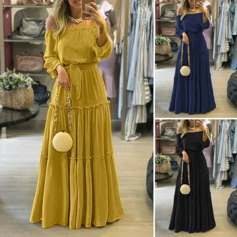 Vestido Longo Boêmio Ombro a Ombro com Pontos Dourados