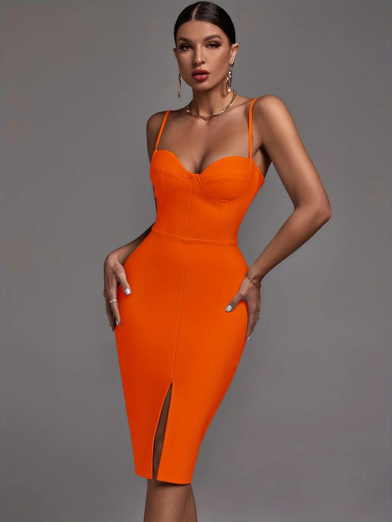 Vestido Bandagem Laranja Elegante e Sexy para Noite