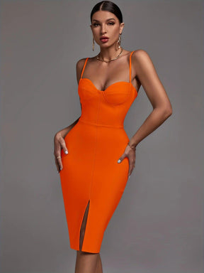 Vestido Bandagem Laranja Elegante e Sexy para Noite