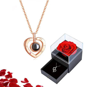 Colar Feminino  "Eu Te Amo" em 100 Idiomas – Com Rosa e  Caixa de Presente