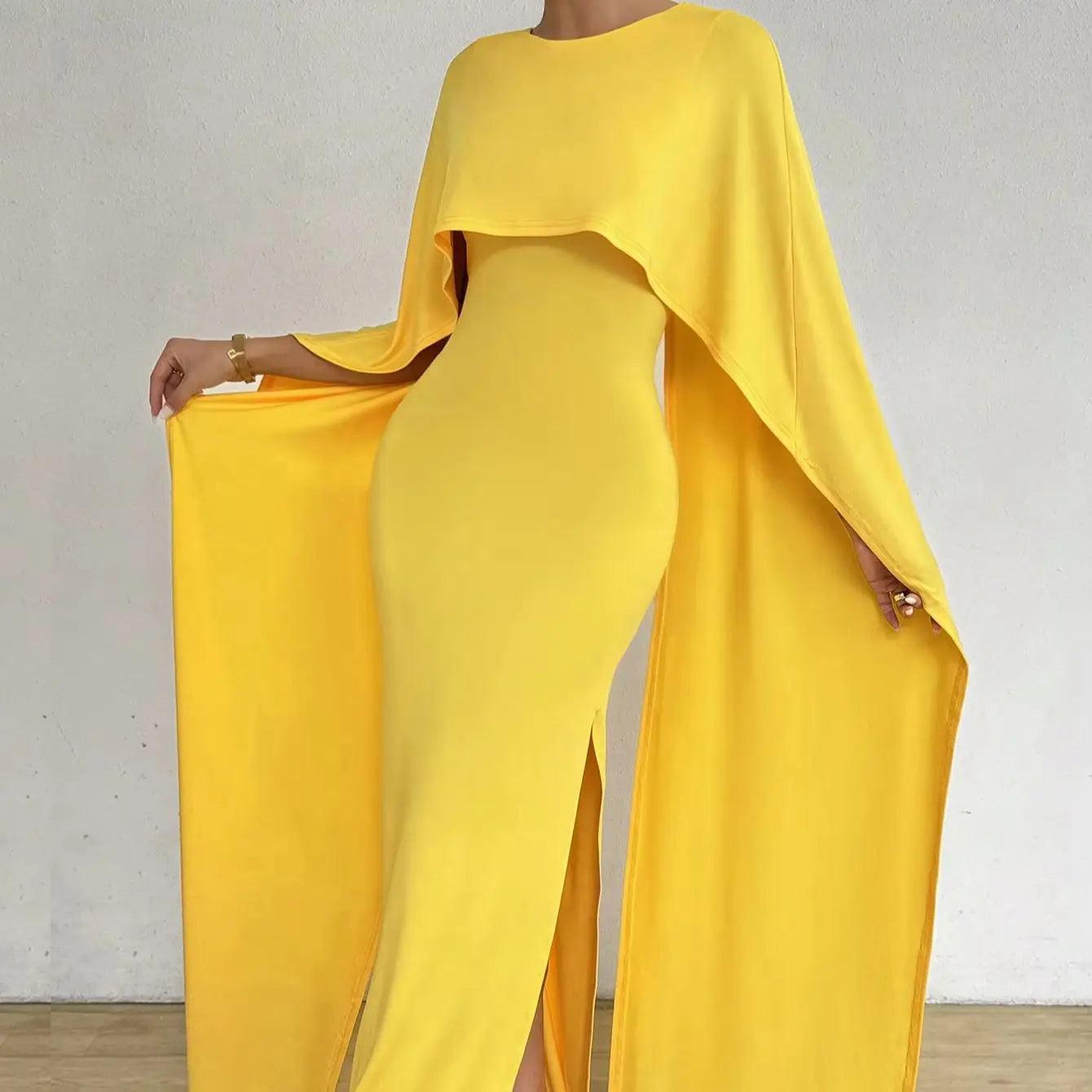 Vestido Longo Feminino Elegante com Capa Amarela