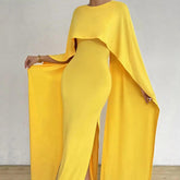 Vestido Longo Feminino Elegante com Capa Amarela