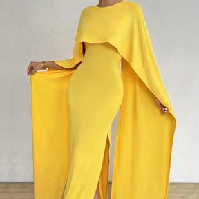 Vestido Longo Feminino Elegante com Capa Amarela