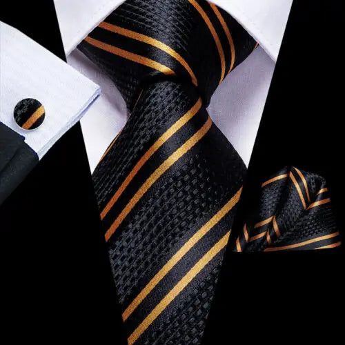 Gravata Masculina Clássica Preto Listrado 8.5 cm com Acessórios