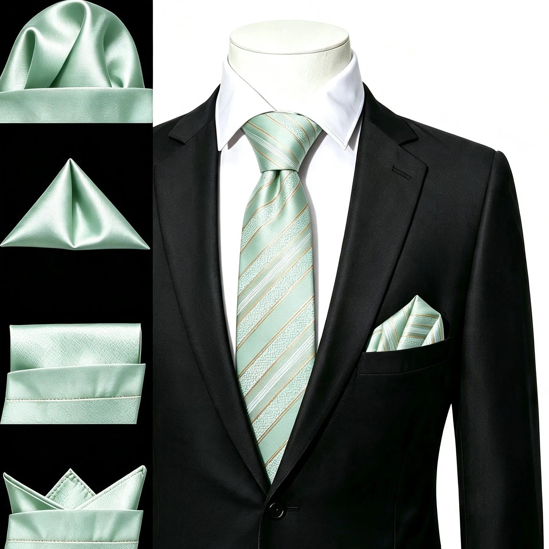 Gravata Masculina Verde Menta Listrada com Lenço de Bolso