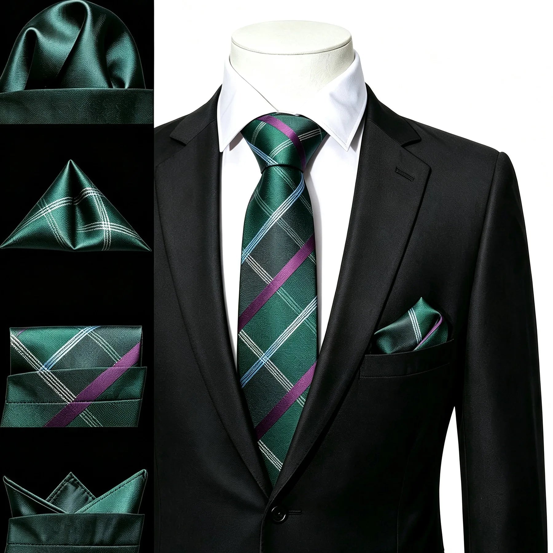 Gravata Masculina Verde Xadrez Texturado com Lenço de Bolso