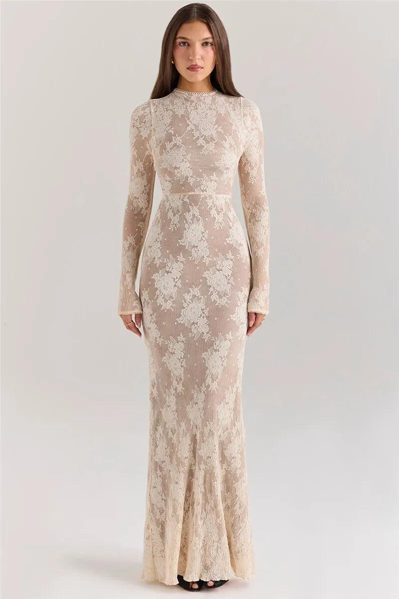 Vestido Maxi Bodycon de Renda Branco Mozision