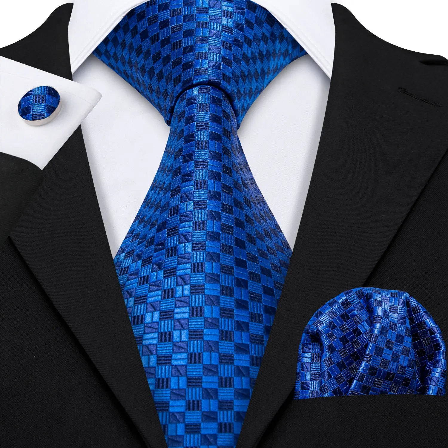 Conjunto Gravata Masculina Social Azul com Lenço e Abotoaduras